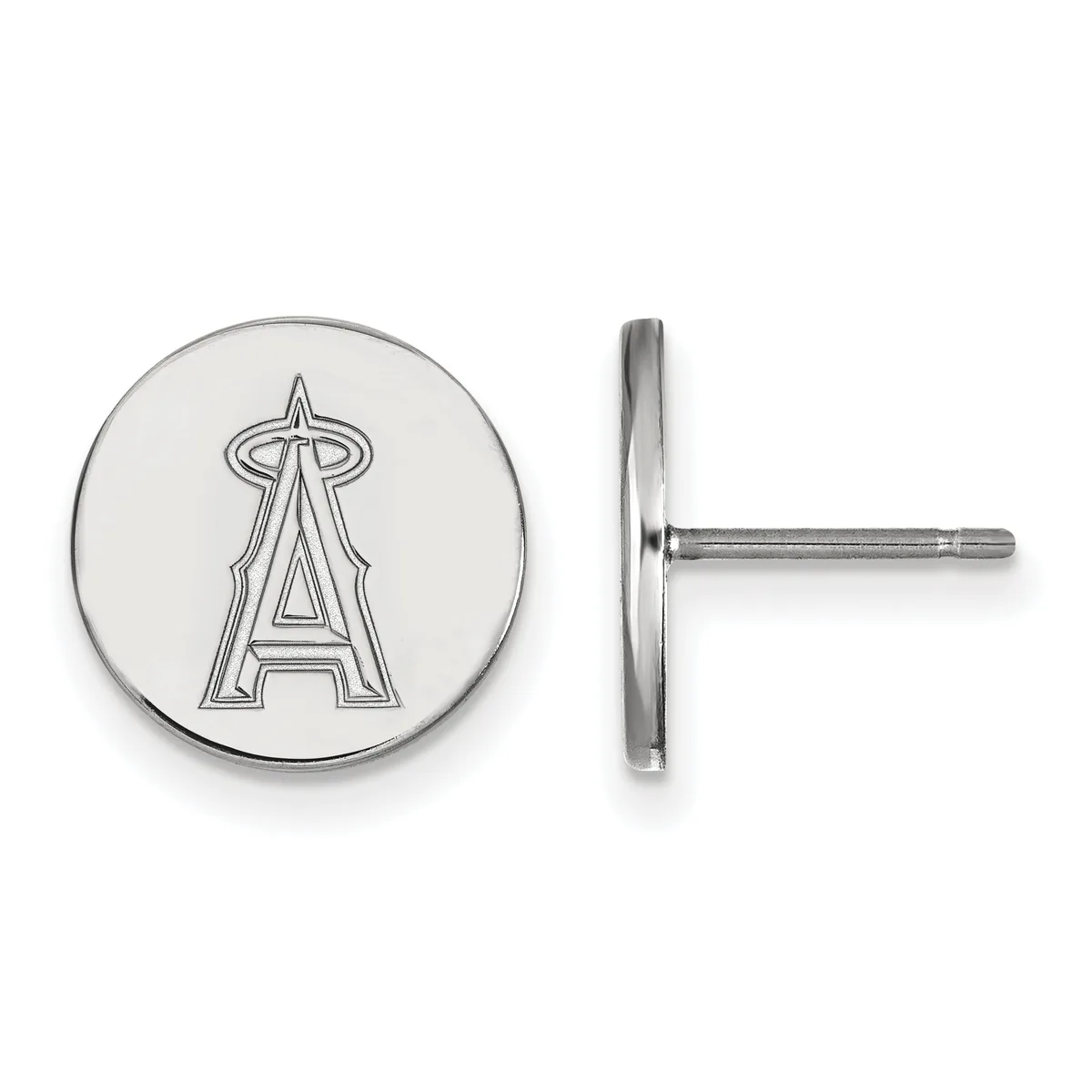 A pair of silver circular stud earrings with an outlined baseball team "A" logo displayed from front and side views.