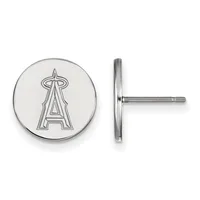 A pair of silver circular stud earrings with an outlined baseball team "A" logo displayed from front and side views.