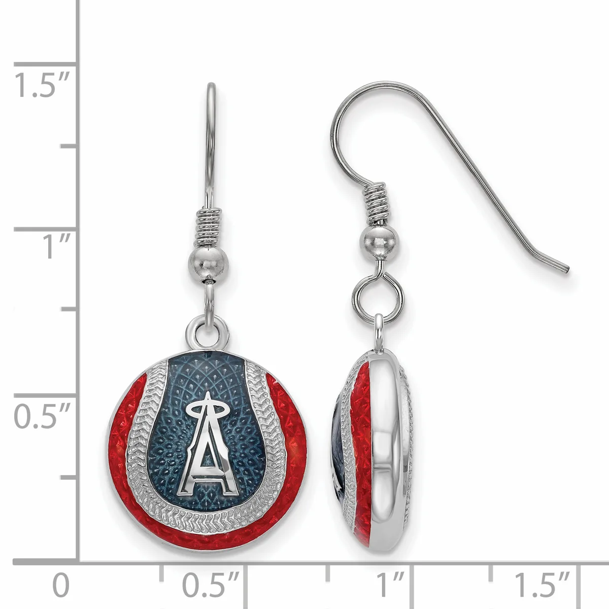 Pair of round dangle earrings with red enamel outer ring, silver-tone textured center band, and dark blue enamel inlay featuring a silver-tone "A" logo, shown against a measurement scale.