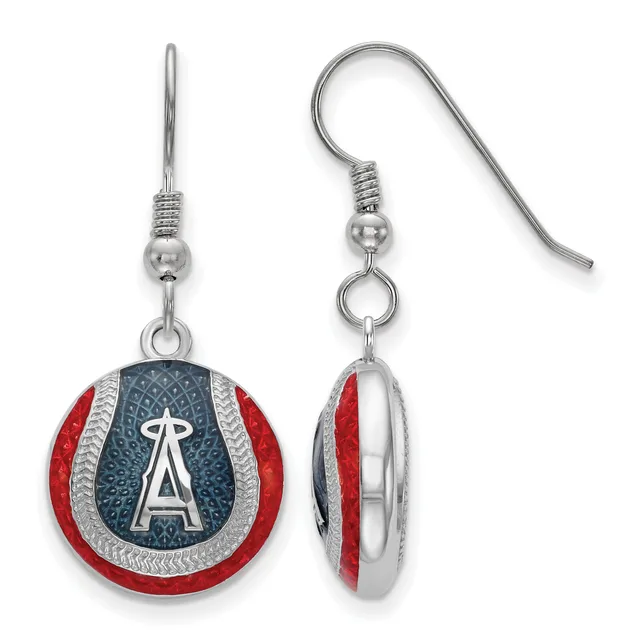 Pair of silver dangle earrings with red and dark blue enamel circular pendants featuring a silver "A" logo, shown from front and side views.