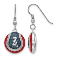Pair of silver dangle earrings with red and dark blue enamel circular pendants featuring a silver "A" logo, shown from front and side views.