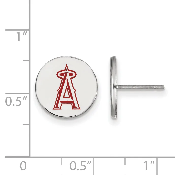 Pair of round silver stud earrings with a red letter A logo, shown next to a measurement scale indicating approximately half an inch in diameter.