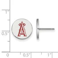 Pair of round silver stud earrings with a red letter A logo, shown next to a measurement scale indicating approximately half an inch in diameter.