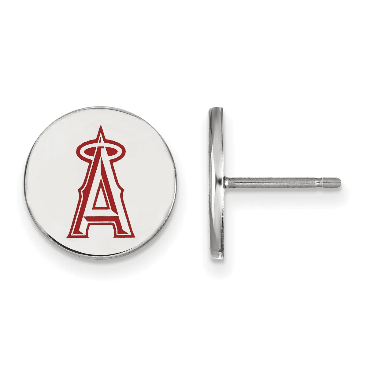 A pair of circular stud earrings with a red letter A logo on white enamel face, displayed front and side view with silver-colored posts and backs.