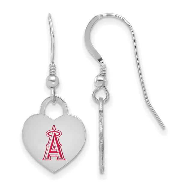 Pair of silver heart-shaped earrings with a red "A" logo, shown front and back views with fish hook wire closures.