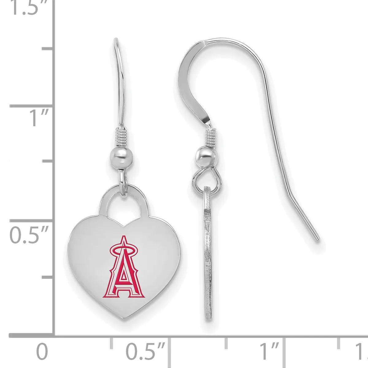 Silver heart-shaped earrings with red enameled baseball team logo, displayed on a measurement scale showing approximately one inch in length.