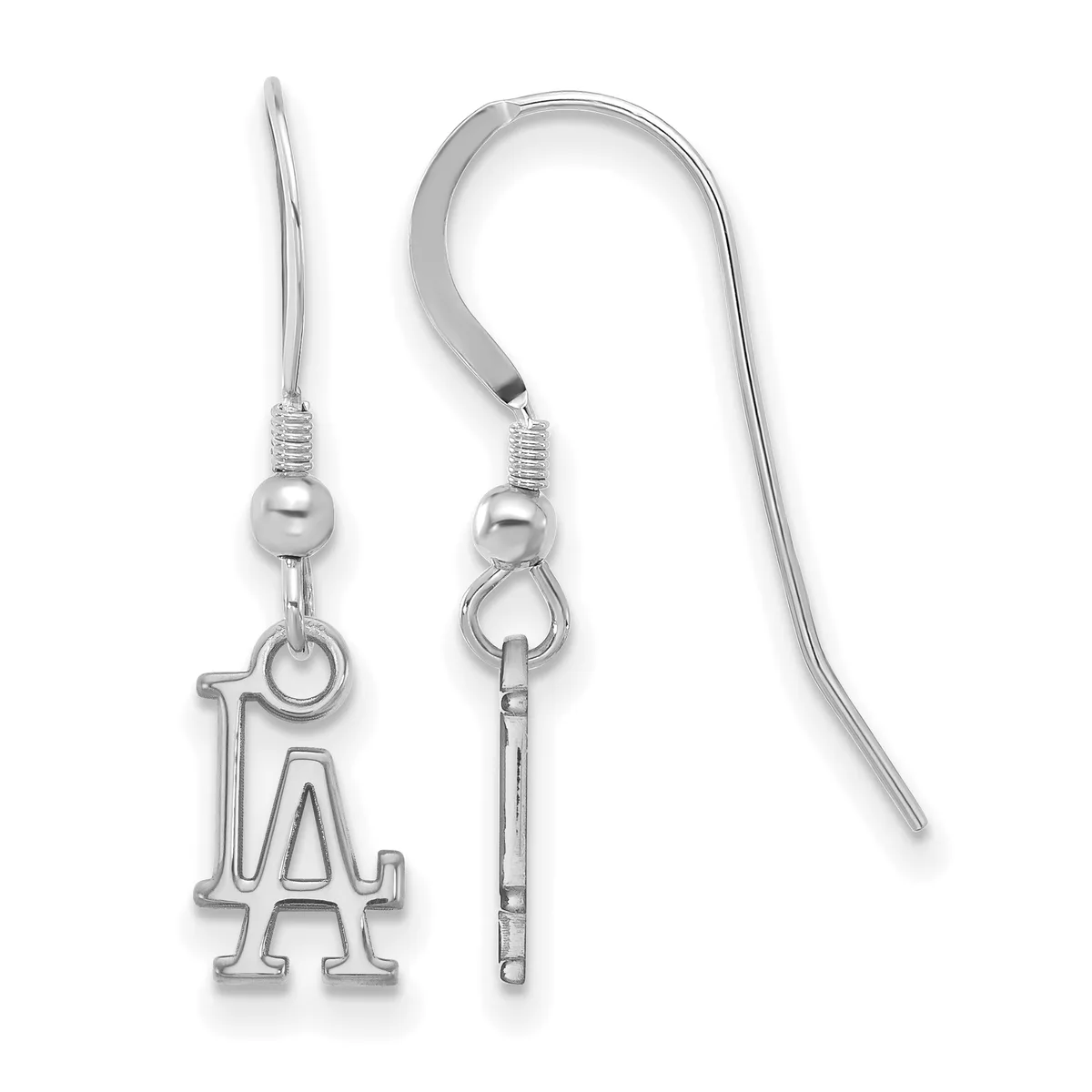 A pair of silver-toned dangle earrings with fish hook wires, each featuring a small bead and an outlined "A" charm hanging below.