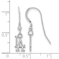 Two silver-toned earrings with LA letter charms hanging from fish hook wires, displayed against a measurement ruler showing approximately one inch in length.