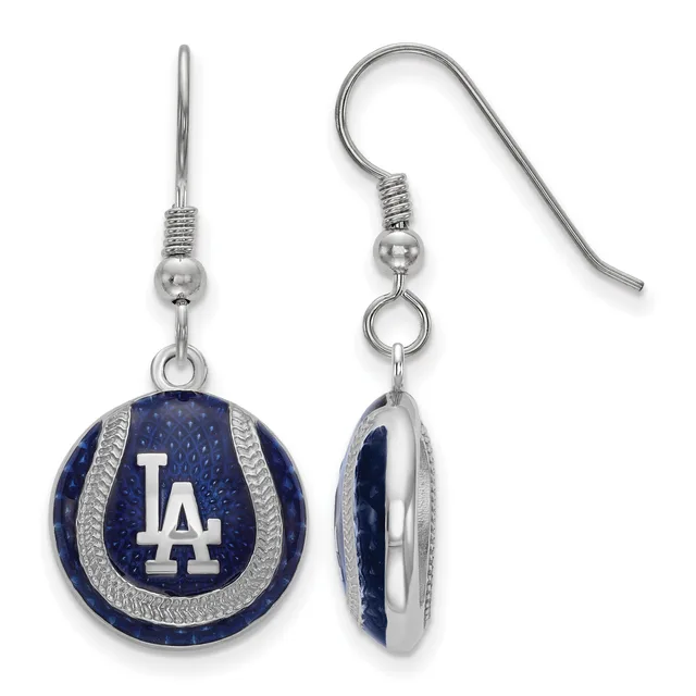 Pair of silver-toned dangle earrings with dark blue spherical pendants featuring a white "LA" logo, displayed front and back views.