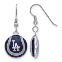 Pair of silver-toned dangle earrings with dark blue spherical pendants featuring a white "LA" logo, displayed front and back views.