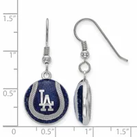 A pair of silver-tone dangle earrings featuring navy blue enamel spheres with white lettering, shown front and side view against a measurement scale.