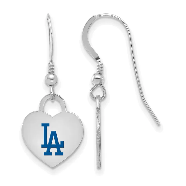 Pair of silver-toned heart-shaped earrings with blue LA logo, shown front and back views with fish hook ear wires.