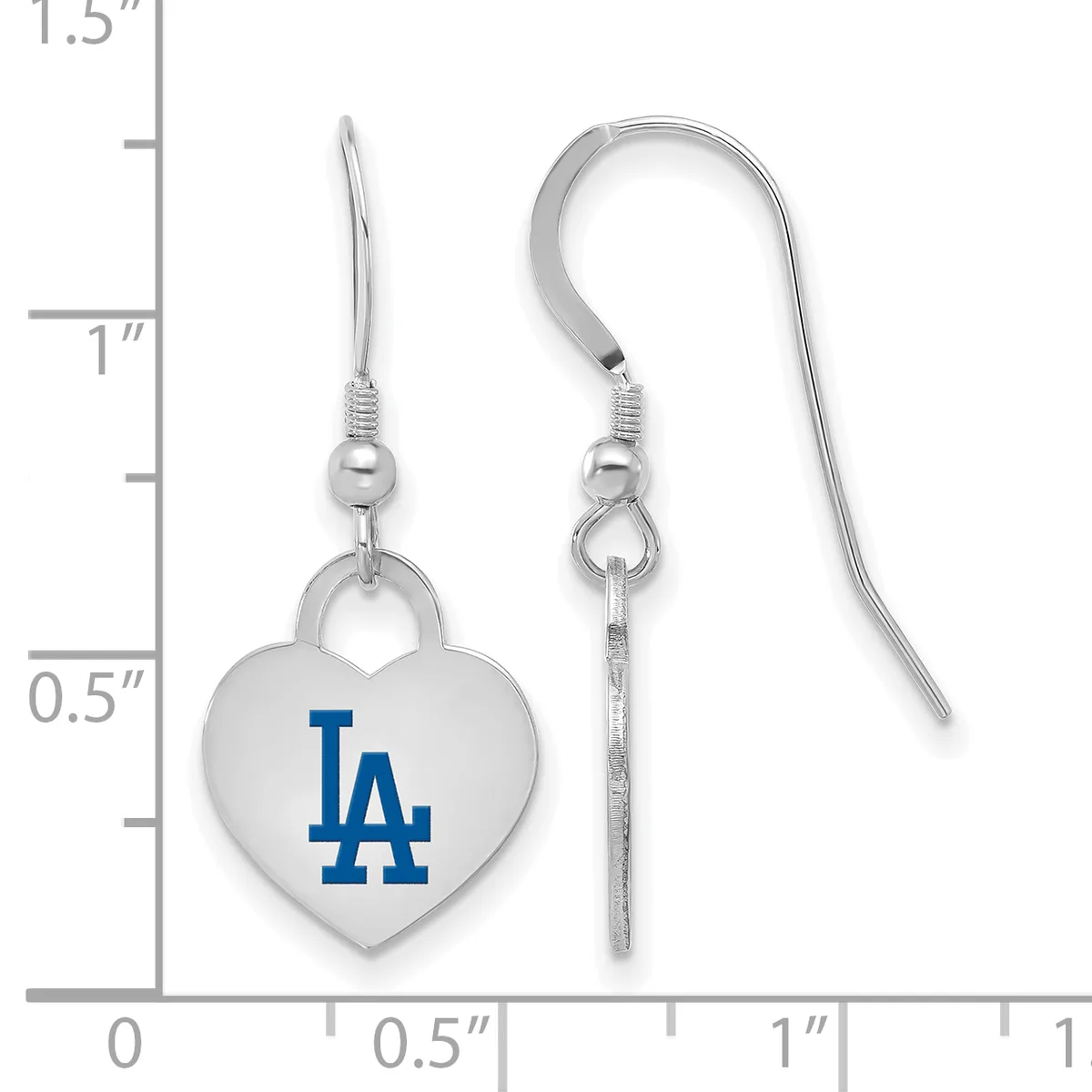 A pair of silver-toned heart-shaped dangle earrings with a blue logo, shown next to a ruler indicating approximately one inch in length.