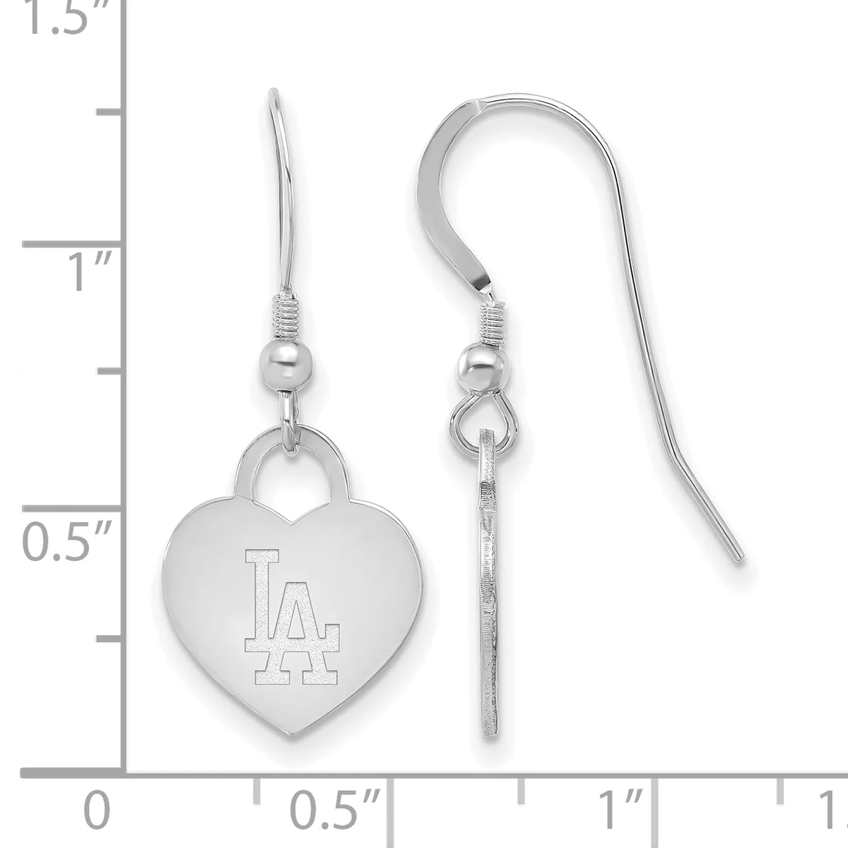 A pair of silver heart-shaped dangle earrings with engraved initials, shown next to a measurement ruler indicating approximately 1.25 inches in length.