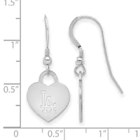 A pair of silver heart-shaped dangle earrings with engraved initials, shown next to a measurement ruler indicating approximately 1.25 inches in length.