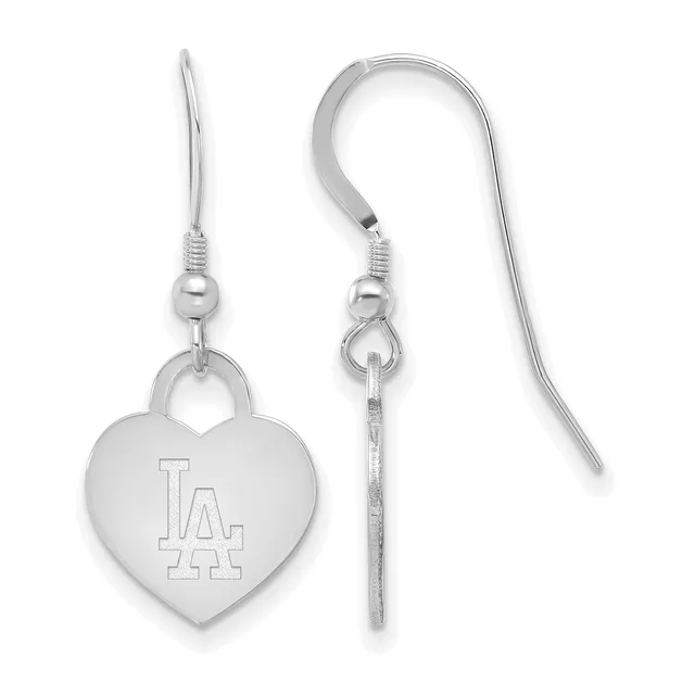 Pair of silver heart-shaped earrings with LA engraved on the front, suspended from silver fish hook wires with decorative bead details.