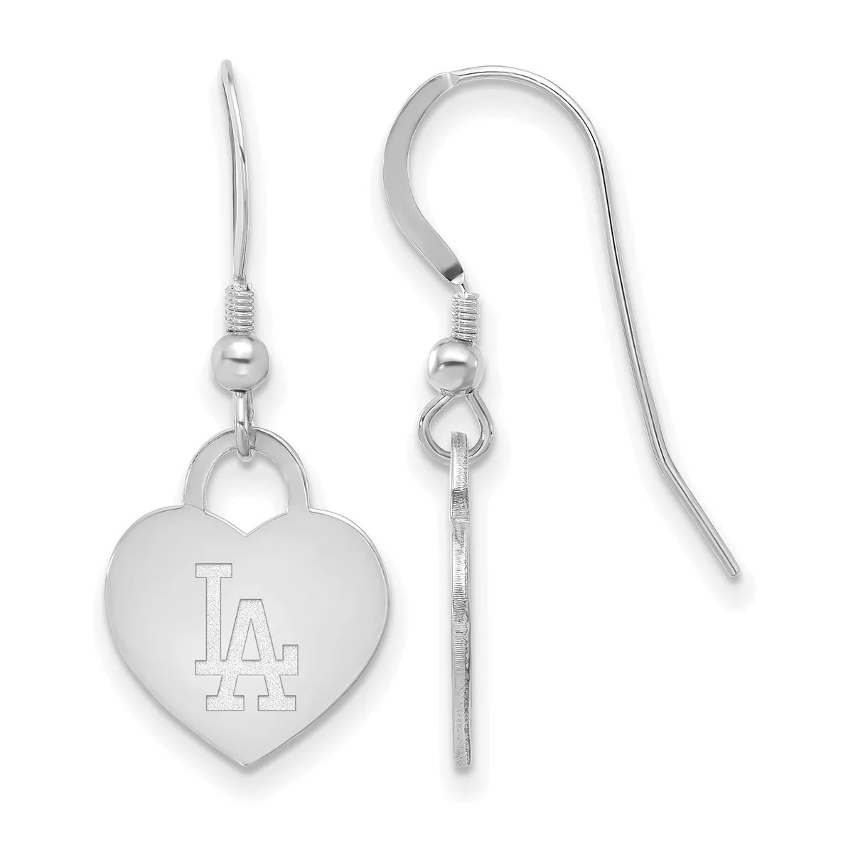 Pair of silver heart-shaped earrings with LA engraved on the front, suspended from silver fish hook wires with decorative bead details.