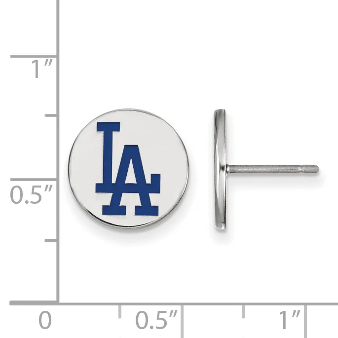 A circular stud earring with a blue interlocking letters logo on white enamel, shown next to a measurement scale indicating approximately half an inch in diameter.