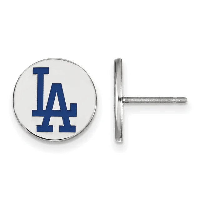 A pair of round silver stud earrings with white enamel faces displaying a blue interlocking "LA" logo, shown from front and side views.