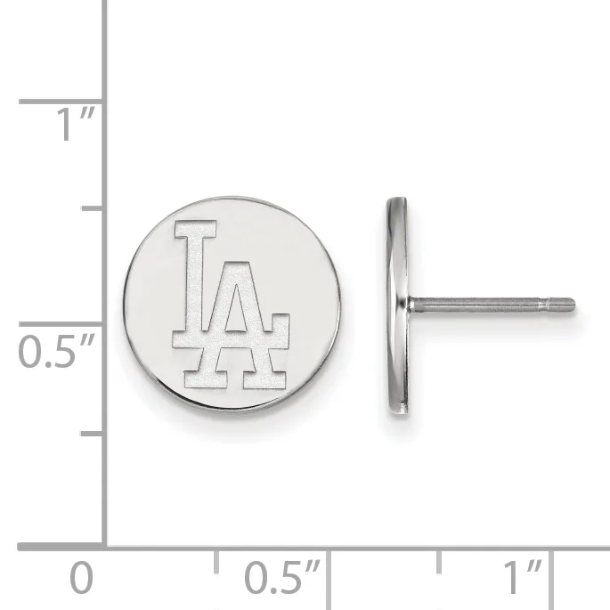 Round silver stud earrings with engraved letters, shown front and side view next to a measurement scale indicating approximately half-inch diameter.