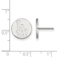 Round silver stud earrings with engraved letters, shown front and side view next to a measurement scale indicating approximately half-inch diameter.