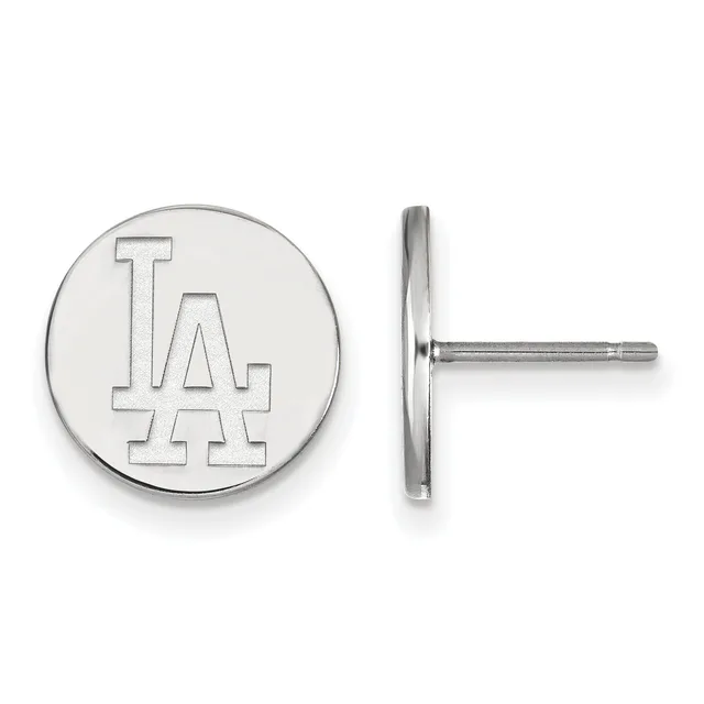 Pair of circular stud earrings in polished silver with LA logo, shown from front and side views on posts.