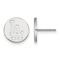 Pair of circular stud earrings in polished silver with LA logo, shown from front and side views on posts.