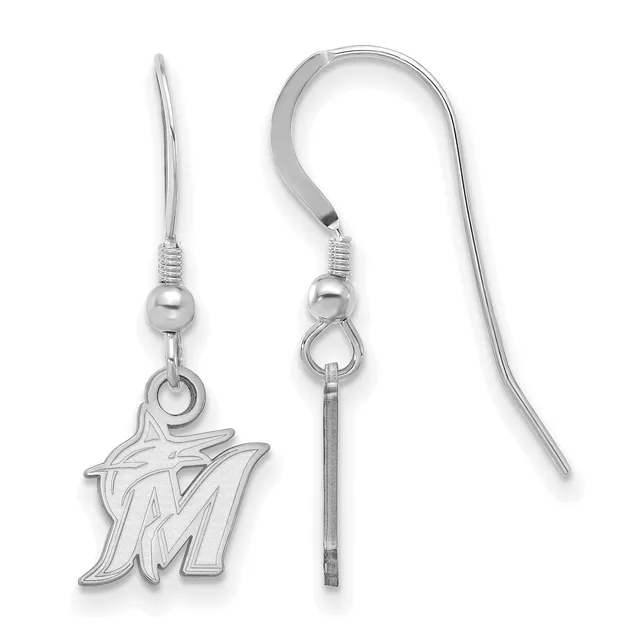 A pair of silver-toned fish hook earrings with small beads and an ornamental M-shaped charm pendant hanging from each hook.