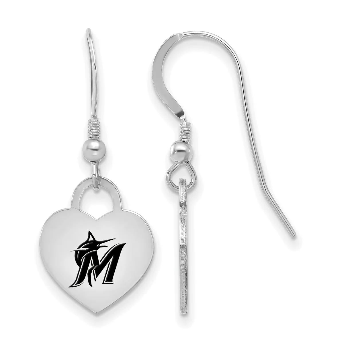Pair of silver-toned heart-shaped earrings with fish hook wires, featuring a stylized "M" logo on the front.