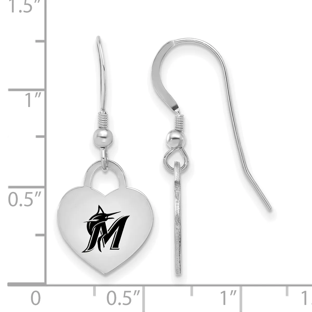 Pair of silver-toned heart-shaped dangle earrings with a stylized logo, displayed against a measurement scale showing approximately 1.25 inches in length.
