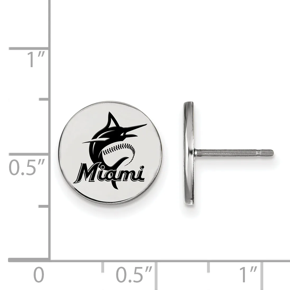 A round stud earring with a marlin fish and baseball design on white metal, shown next to a measurement scale indicating approximately half an inch diameter.