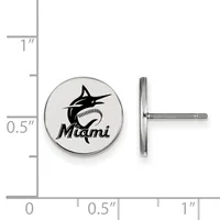 A round stud earring with a marlin fish and baseball design on white metal, shown next to a measurement scale indicating approximately half an inch diameter.