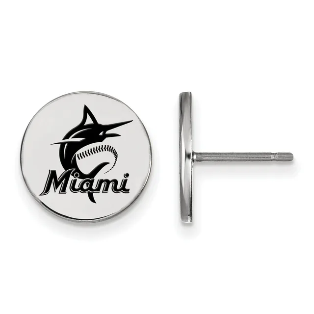 A pair of silver-toned circular stud earrings with a marlin fish and baseball design, shown from front and side views.