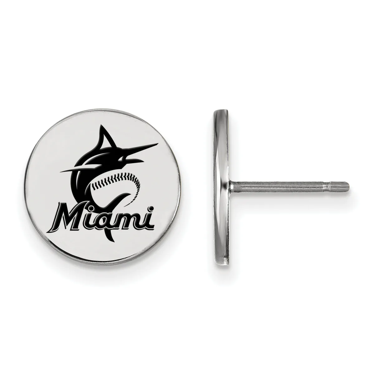 A pair of silver-toned circular stud earrings with a marlin fish and baseball design, shown from front and side views.