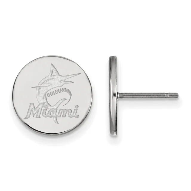 Pair of circular stud earrings in polished silver metal with an engraved marlin fish design, shown from front and side views.