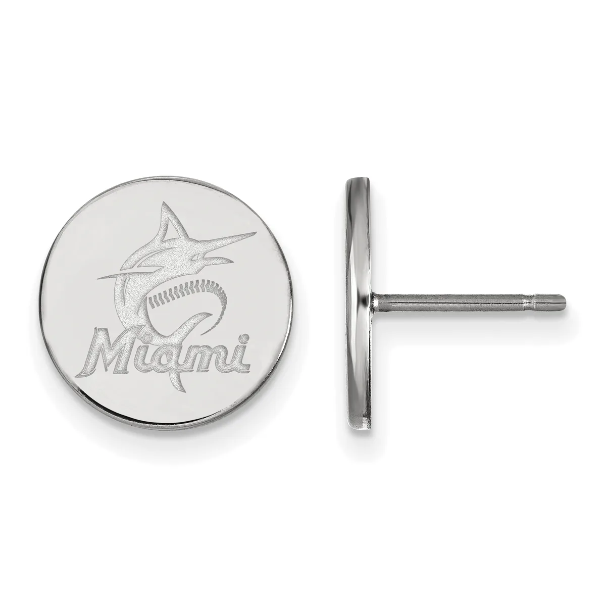 Pair of circular stud earrings in polished silver metal with an engraved marlin fish design, shown from front and side views.