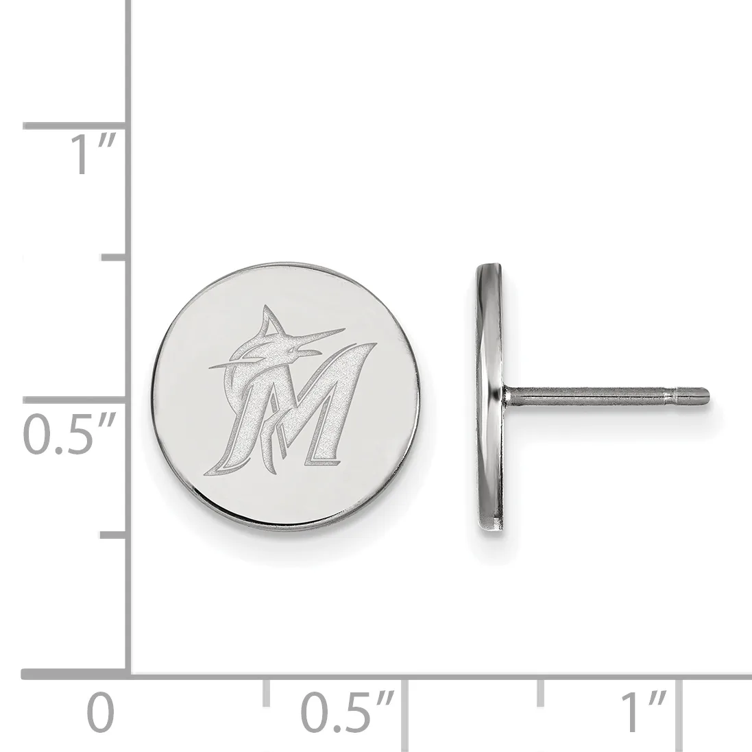 A circular silver stud earring with an engraved initial M and a matching post shown beside it, displayed against a measurement scale.