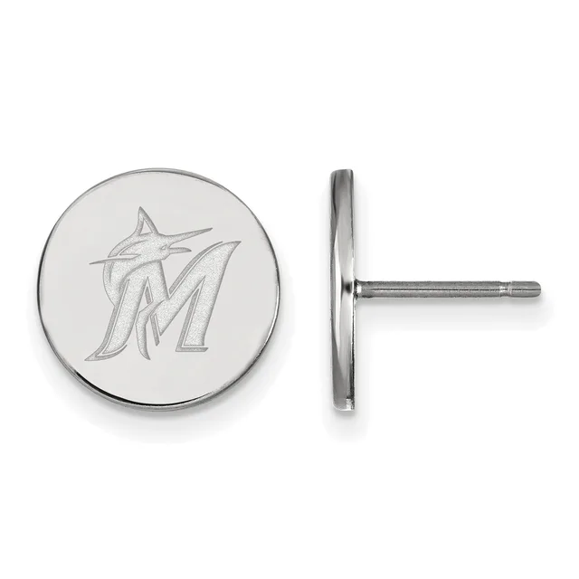 A pair of silver-toned circular earrings with post backs, each featuring an engraved stylized M logo, shown from front and side views.