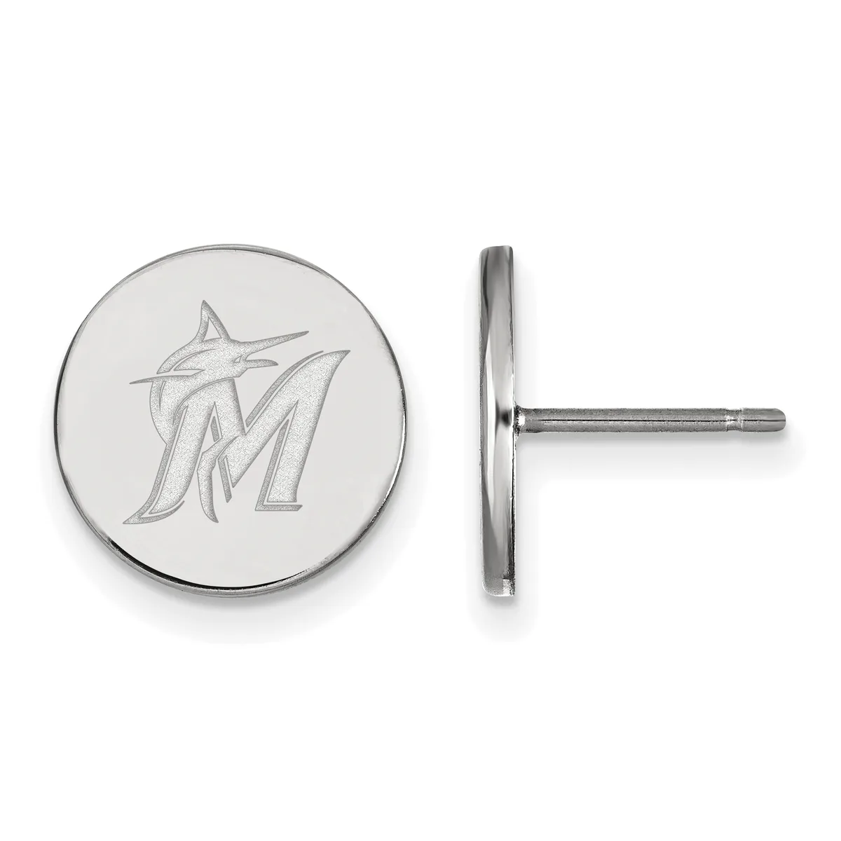 A pair of silver-toned circular earrings with post backs, each featuring an engraved stylized M logo, shown from front and side views.