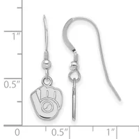 A pair of silver dangle earrings with fish hook wires, featuring small beads and oval charms shaped like baseball gloves with spiral designs, shown against a measurement scale.