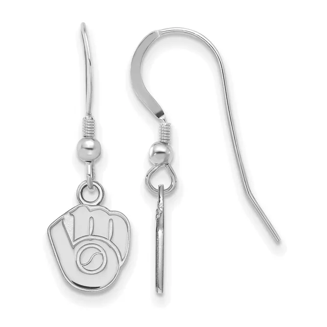 Pair of silver-colored fish hook earrings with small beads and baseball glove charms hanging from the wires.