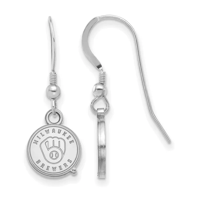A pair of silver-toned dangle earrings with French wire hooks, each featuring a circular medallion pendant with a baseball glove design and small hallmarks.