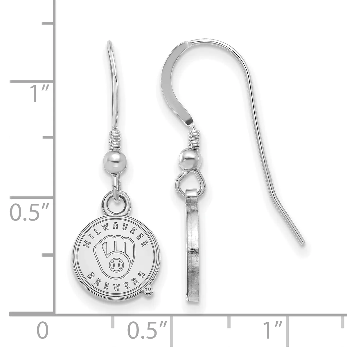 Pair of silver-toned earrings with round pendant charms featuring a baseball glove design, displayed on a measurement scale showing approximately one inch in length.