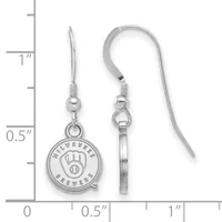 Pair of silver-toned earrings with round pendant charms featuring a baseball glove design, displayed on a measurement scale showing approximately one inch in length.
