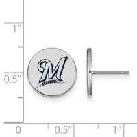 Round silver stud earring with blue "M" logo, shown front and side view against a measurement scale indicating approximately 0.5 inches in diameter.