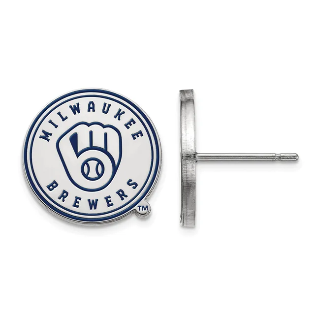 A pair of circular silver stud earrings with a navy blue and white baseball team logo featuring a glove design, shown from front and side views.
