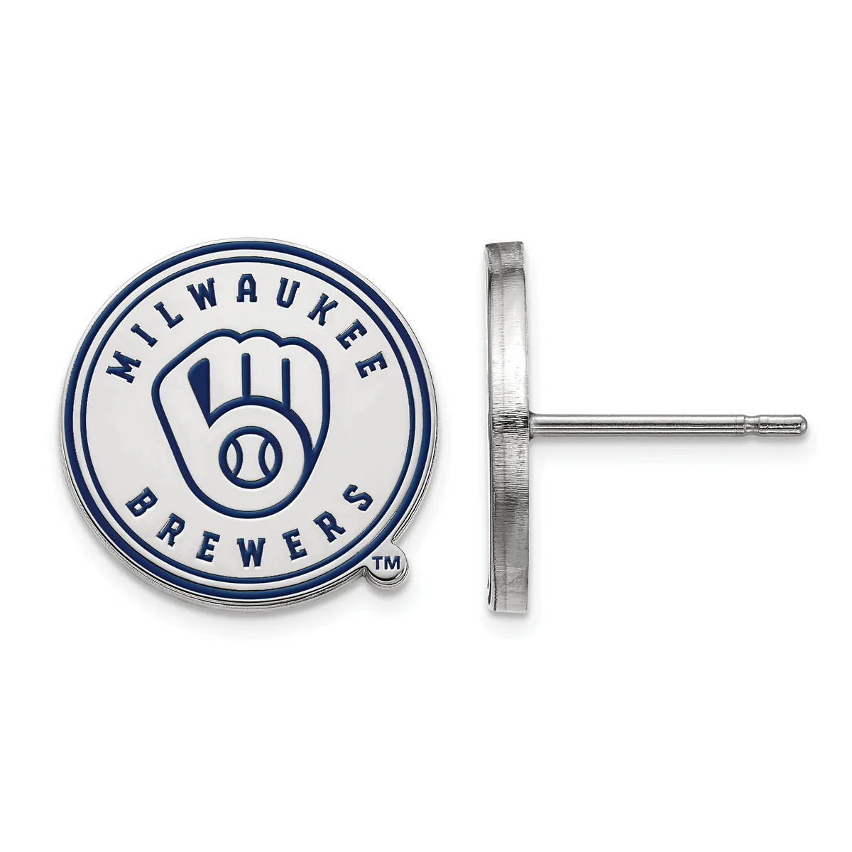 A pair of circular silver stud earrings with a navy blue and white baseball team logo featuring a glove design, shown from front and side views.