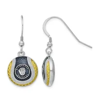 Pair of silver dangle earrings with circular disc pendants featuring dark navy centers rimmed in gold-tone metal and decorative silver beading, shown from front and side views.