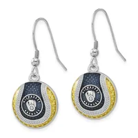 Pair of round dangle earrings with silver hooks, featuring black enamel centers with gold-tone accents and textured gold and silver outer rings.