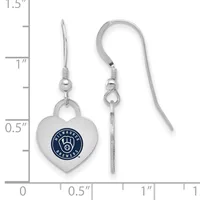 Pair of silver-toned heart-shaped earrings with fish hook wires, featuring a circular blue logo on the front, displayed next to a measurement scale.